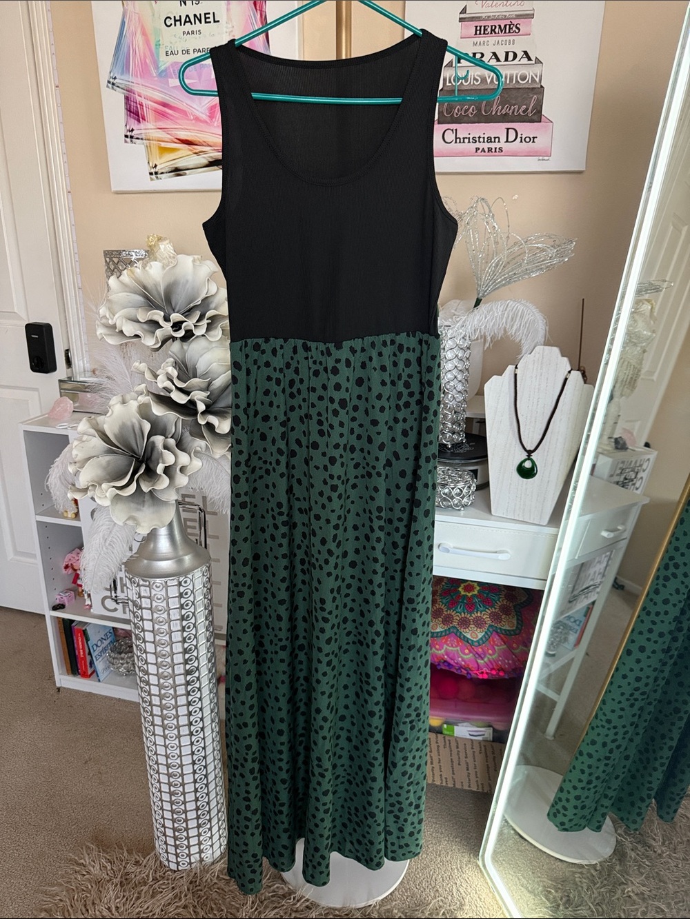 Sleeveless Black & Forest Green Polka Maxi Dress